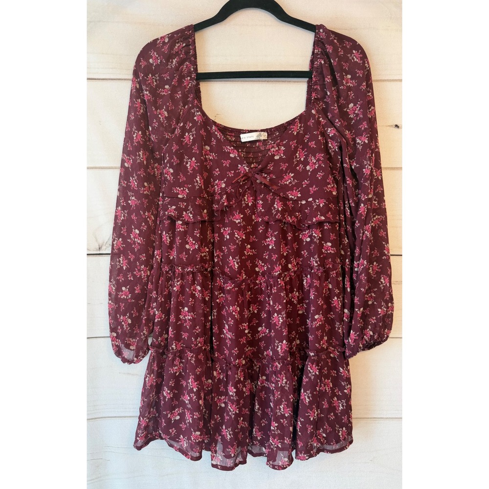 Altar'd State Burgundy Floral Tiered Mini Dress Long Sleeve Smocked Back Small